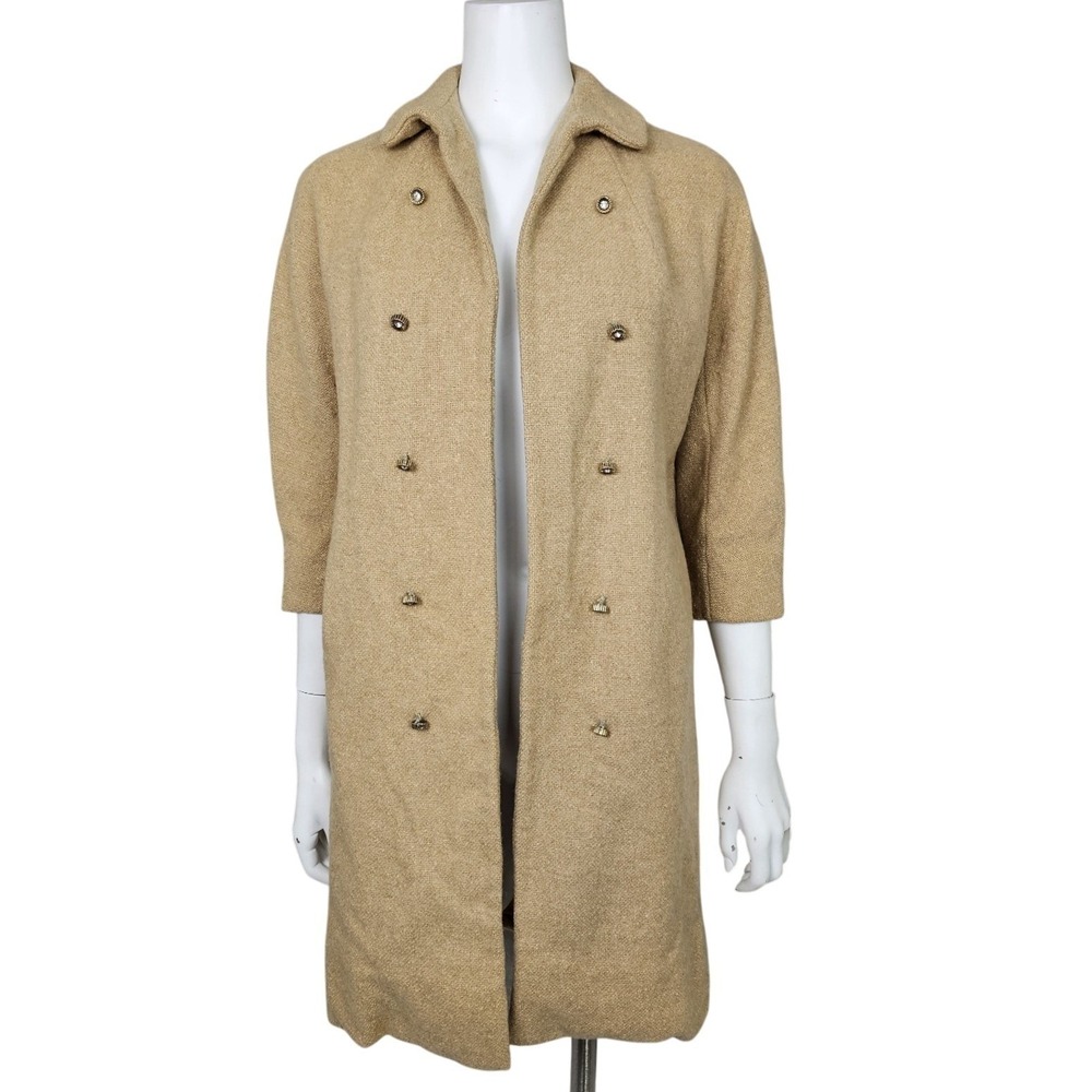 VTG 50s Bullock's Wilshire Stroock Camel Wool Blend Union Made Dbl Breasted Coat